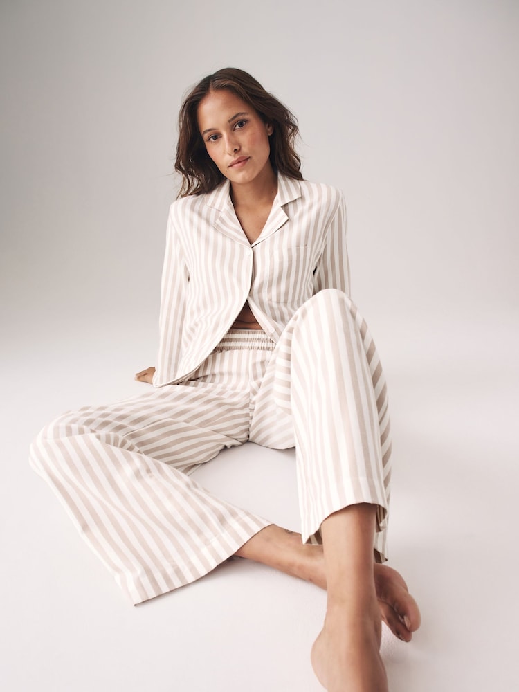 The Set Neutral Stripe/Blue Stripe 2 Pack Flannel Long Sleeve Button Through Pyjamas - Image 3 of 8