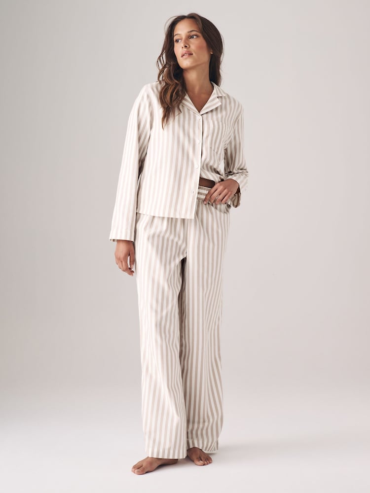 The Set Neutral Stripe/Blue Stripe 2 Pack Flannel Long Sleeve Button Through Pyjamas - Image 4 of 8