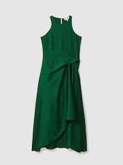 Reiss Green Micah Satin Drape Tuck Midi Dress - Image 2 of 5
