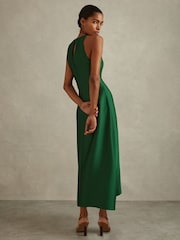 Reiss Green Micah Satin Drape Tuck Midi Dress - Image 4 of 5