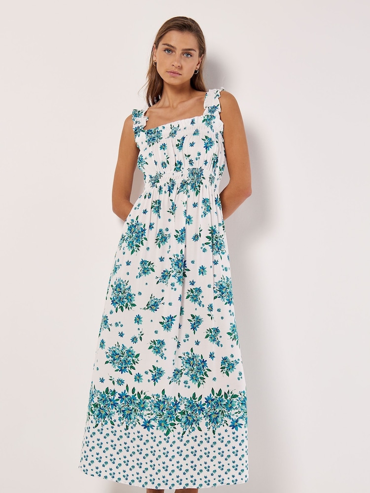 Apricot Blue Floral Smocked Milkmaid Maxi Dress - Image 1 of 4