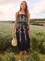 Love & Roses Black Embroidered Cami Belted Midi Dress - Image 1 of 4