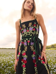 Love & Roses Black Embroidered Cami Belted Midi Dress - Image 2 of 4