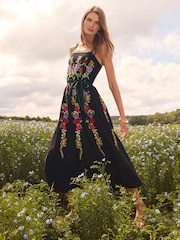 Love & Roses Black Embroidered Cami Belted Midi Dress - Image 3 of 4