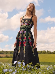 Love & Roses Black Embroidered Cami Belted Midi Dress - Image 4 of 4
