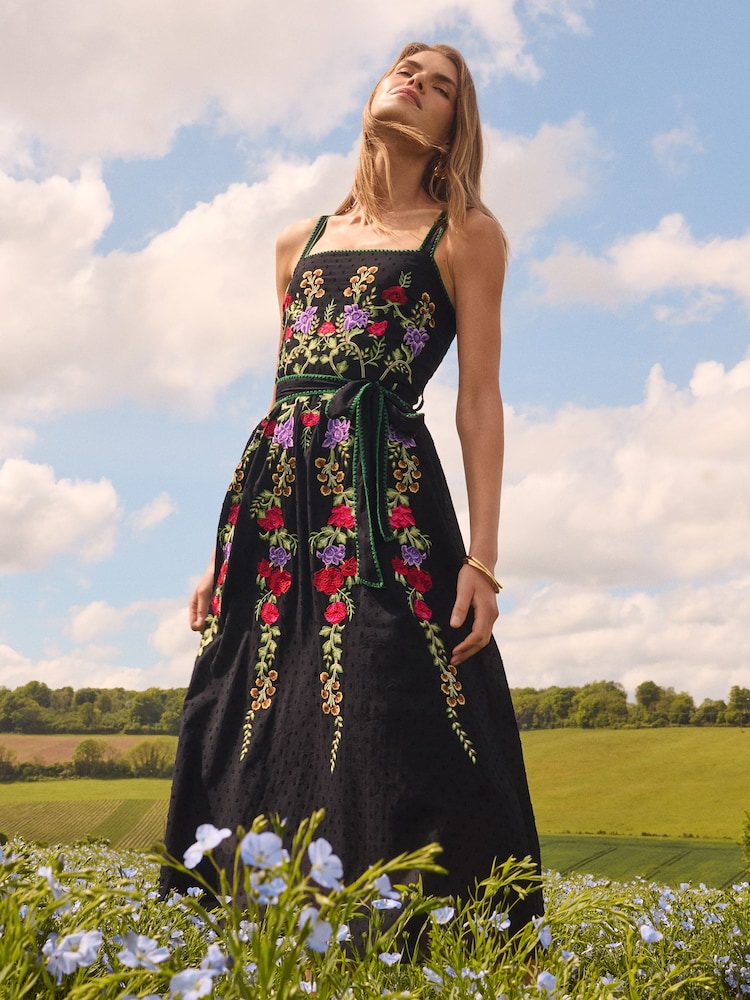 Love & Roses Black Embroidered Cami Belted Midi Dress - Image 4 of 4