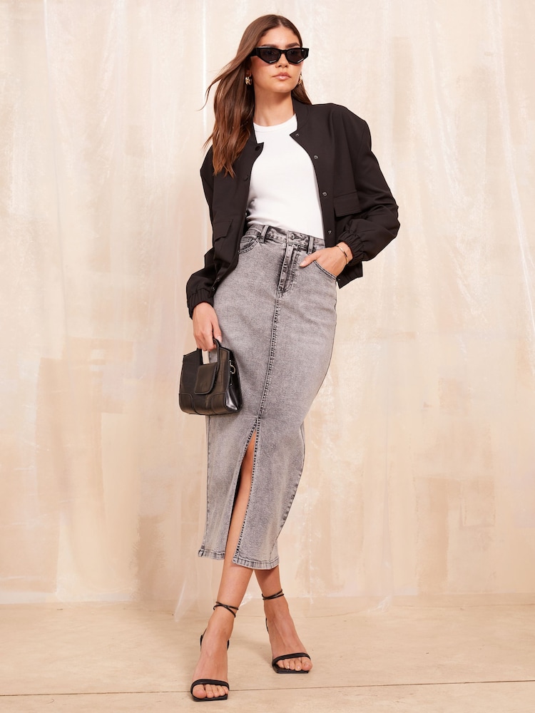 Friends Like These Grey Denim Split Front Midaxi Skirt - Image 1 of 4