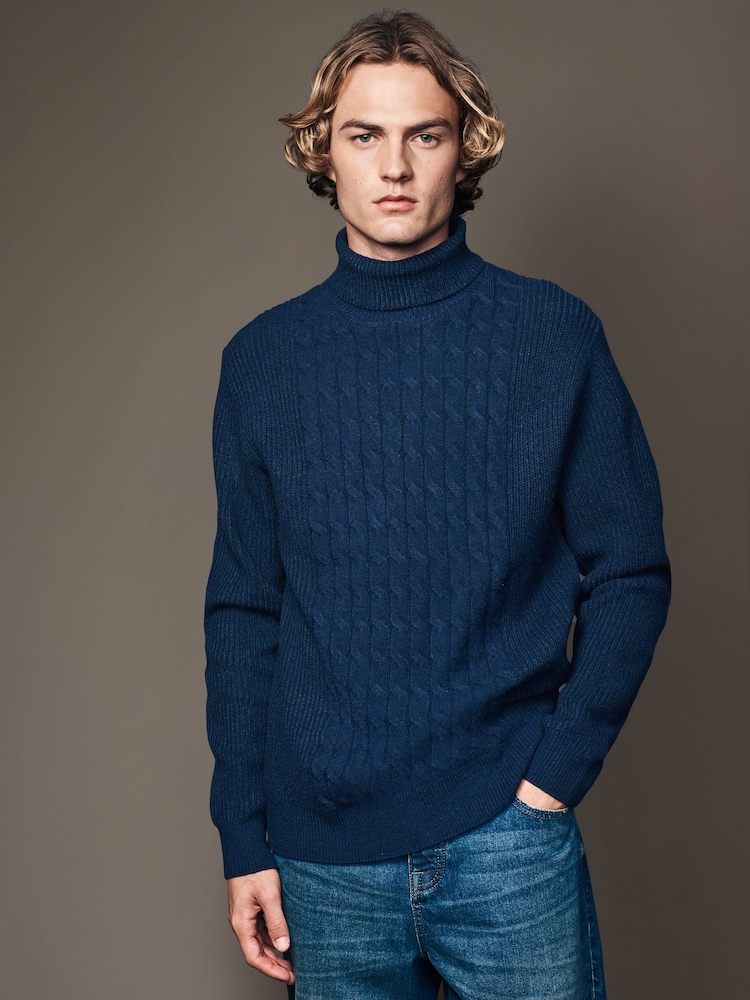 Marineblau/blau - Regular Fit Cable Knit Roll Neck Jumper - Bild 2 von 7