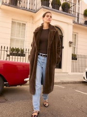 Chocolate Brown Long faux fur coat - Image 1 of 7