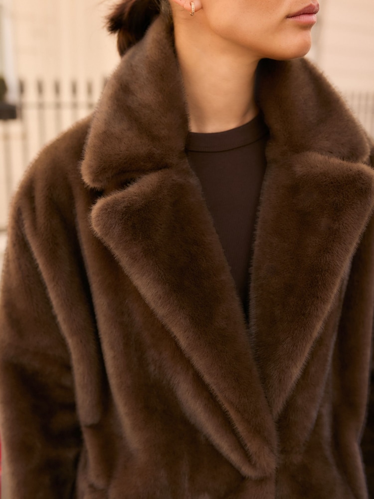 Chocolate Brown Long faux fur coat - Image 4 of 7