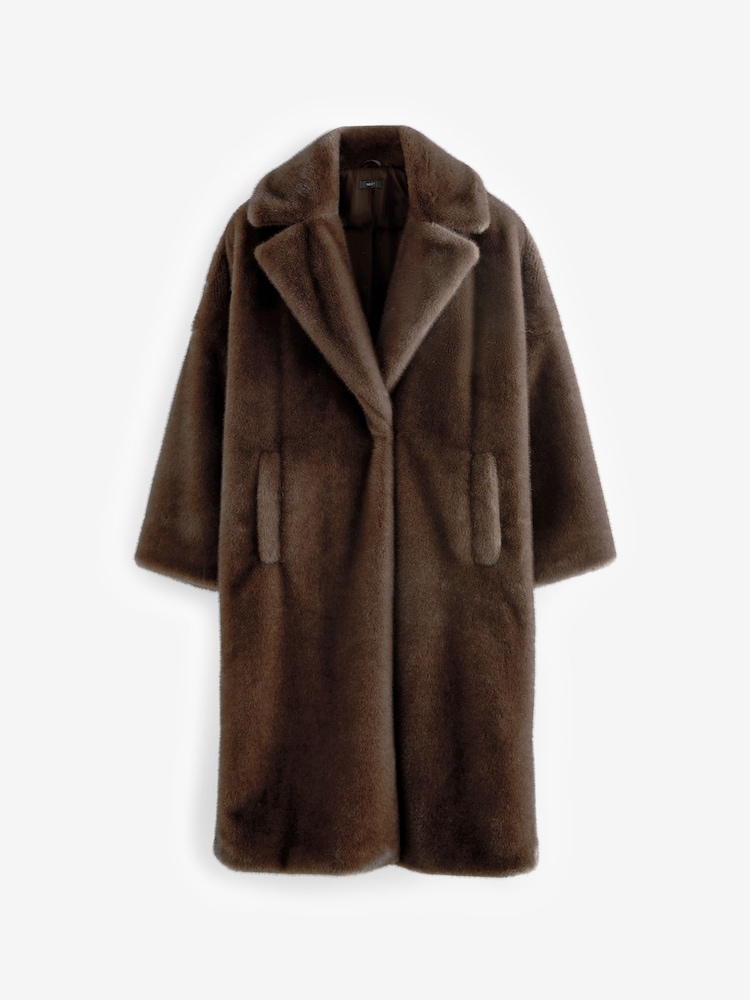 Chocolate Brown Long faux fur coat - Image 5 of 7
