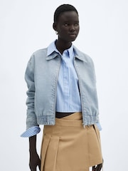 Mango Blue 100% Cotton Denim Bomber Jacket - Image 1 of 6