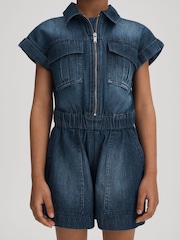 Reiss Blue Josie 9-13 yrs Denim Zip-Front Playsuit - Image 1 of 4