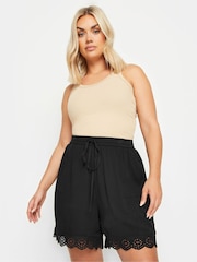 Yours Curve Black Broderie Anglaise Scalloped Shorts - Image 2 of 6