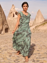 Love & Roses Printed Metallic Ruffle Detail Tie Back Maxi Dress - Image 1 of 4