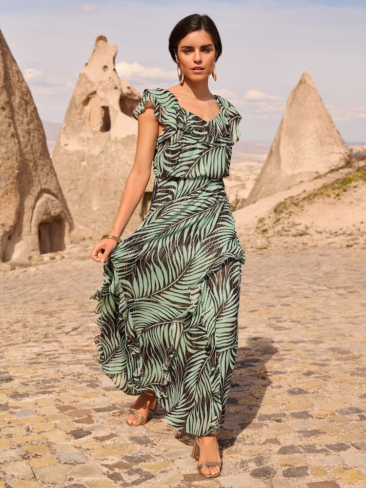 Love & Roses Printed Metallic Ruffle Detail Tie Back Maxi Dress - Image 1 of 4