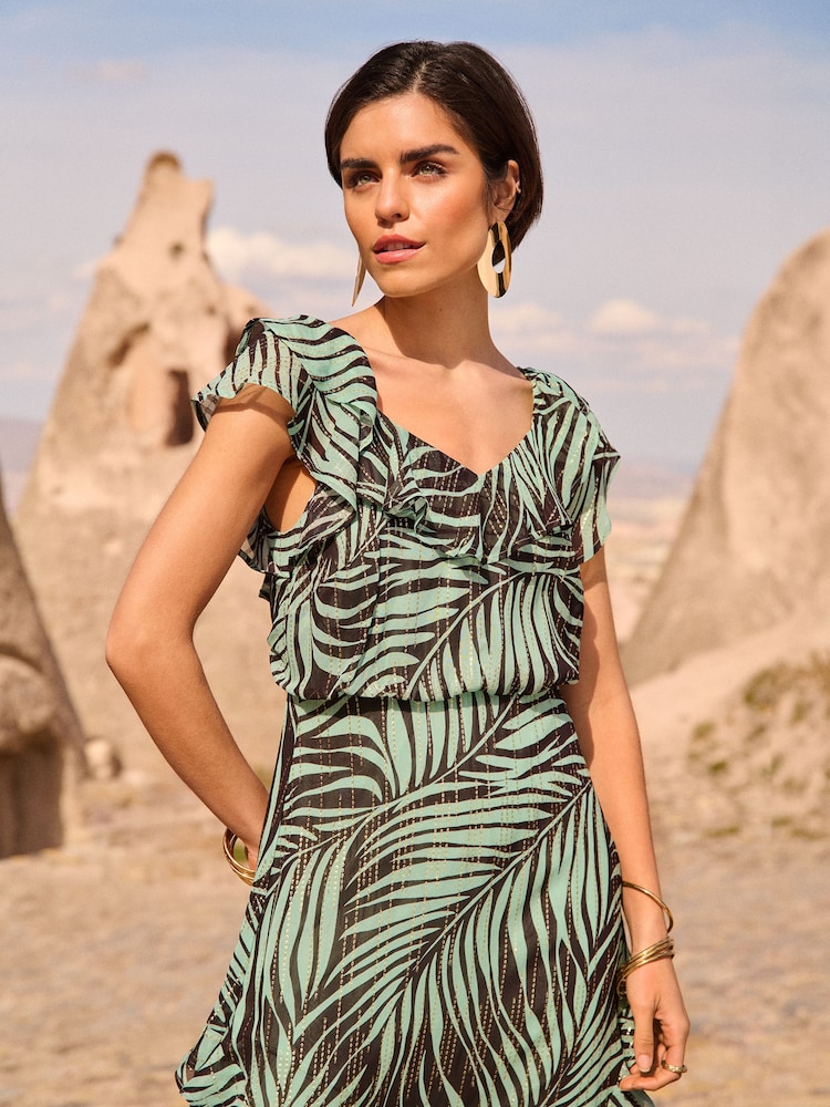 Love & Roses Printed Metallic Ruffle Detail Tie Back Maxi Dress - Image 2 of 4