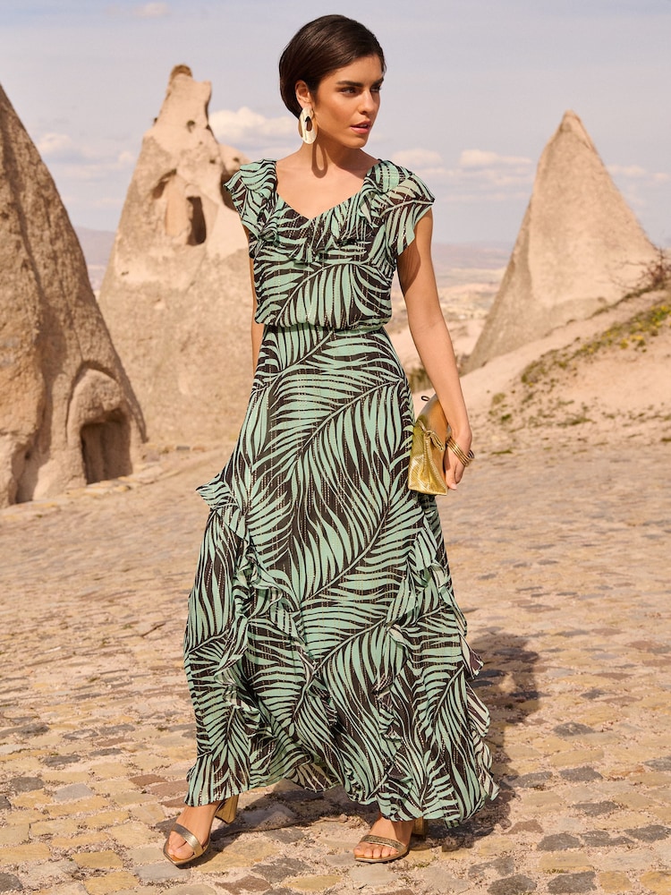 Love & Roses Printed Metallic Ruffle Detail Tie Back Maxi Dress - Image 4 of 4