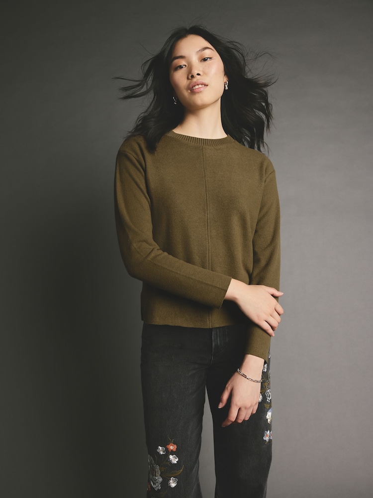 Olive Khaki Green Cosy Soft Touch Rib Seam Detail Crew Neck Jumper - Image 1 of 7