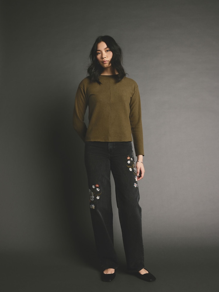 Olive Khaki Green Cosy Soft Touch Rib Seam Detail Crew Neck Jumper - Image 2 of 7