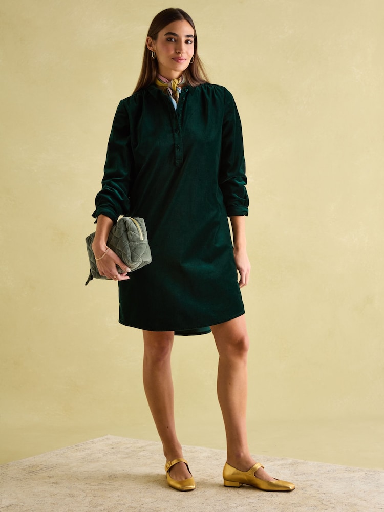 Joules Velvet Marlowe Green Nehru Collar Shirt Dress - Image 1 of 8 Joules Velvet Marlowe Green Nehru Collar Shirt Dress - Image 1 of 8