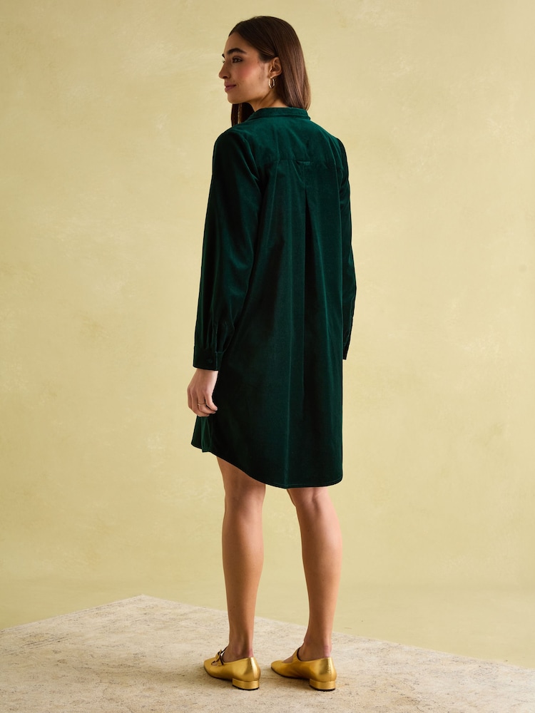 Joules Velvet Marlowe Green Nehru Collar Shirt Dress - Image 2 of 8 Joules Velvet Marlowe Green Nehru Collar Shirt Dress - Image 2 of 8
