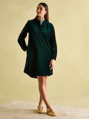 Joules Velvet Marlowe Green Nehru Collar Shirt Dress - Image 3 of 8