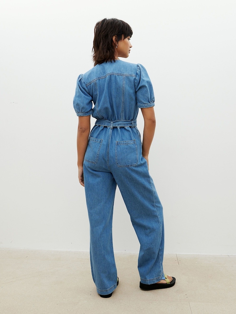Oliver Bonas Blue Denim Puff Sleeve Jumpsuit - Image 2 of 9