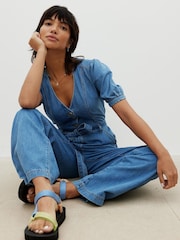 Oliver Bonas Blue Denim Puff Sleeve Jumpsuit - Image 3 of 9