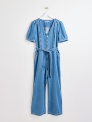 Oliver Bonas Blue Denim Puff Sleeve Jumpsuit - Image 4 of 9