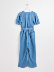Oliver Bonas Blue Denim Puff Sleeve Jumpsuit - Image 5 of 9