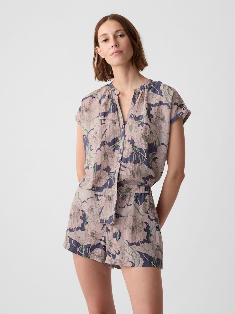 Gap Blue Floral Crinkle Cotton Short Sleeve Pyjama Top - Image 1 of 4