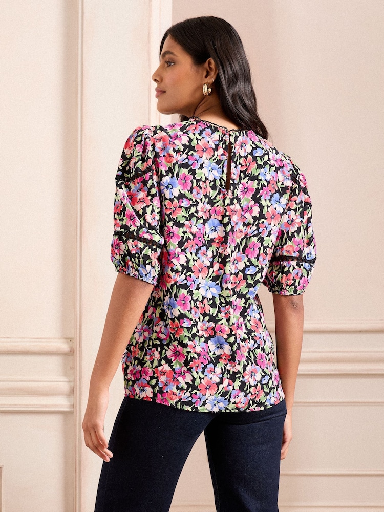 Love & Roses Black Floral Printed Lace Trim Puff Sleeve Top - Image 2 of 4 Love & Roses Black Floral Printed Lace Trim Puff Sleeve Top - Image 2 of 4