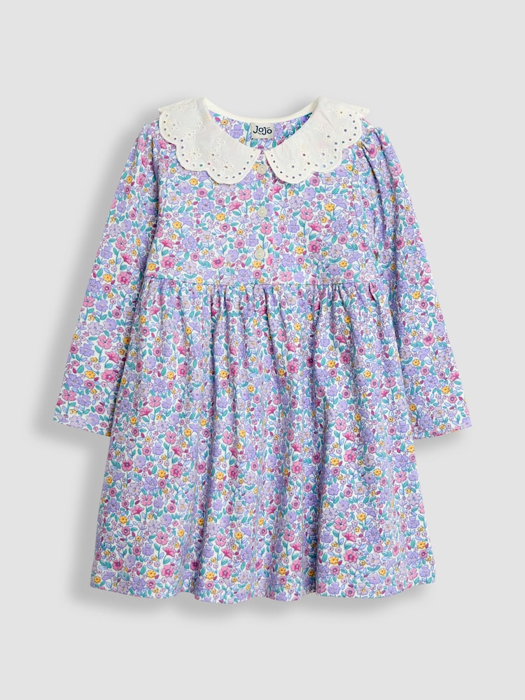 JoJo Maman Bébé Lilac Purple Floral Broderie Collar Dress - Image 1 of 3