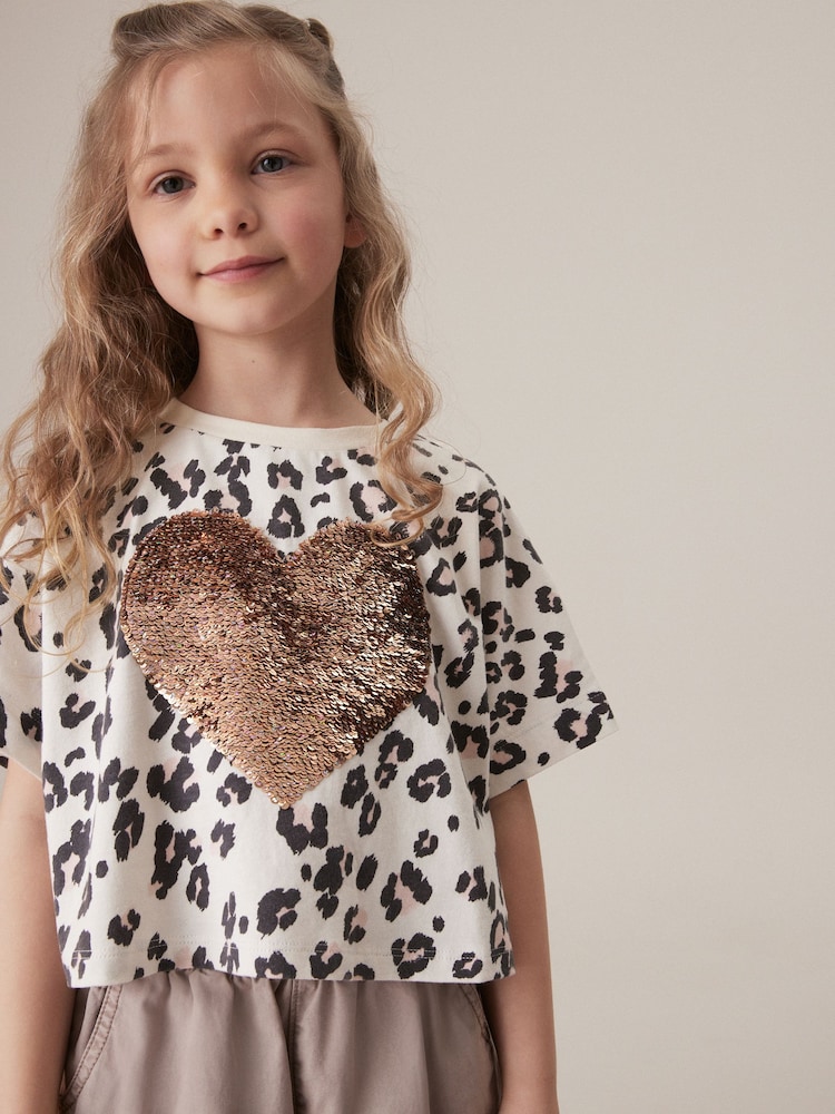 Neutral 100% Cotton Sequin Heart T-Shirt (3-16yrs) - Image 1 of 5