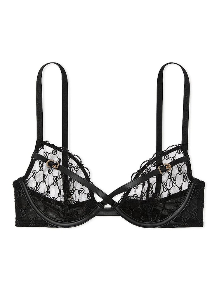 Victoria's Secret Black Unlined Demi Faux Leather Monogram Bra - Image 1 of 2