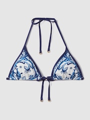 Reiss Blue Print Tina Printed Contrast Trim Bikini Top - Image 2 of 5