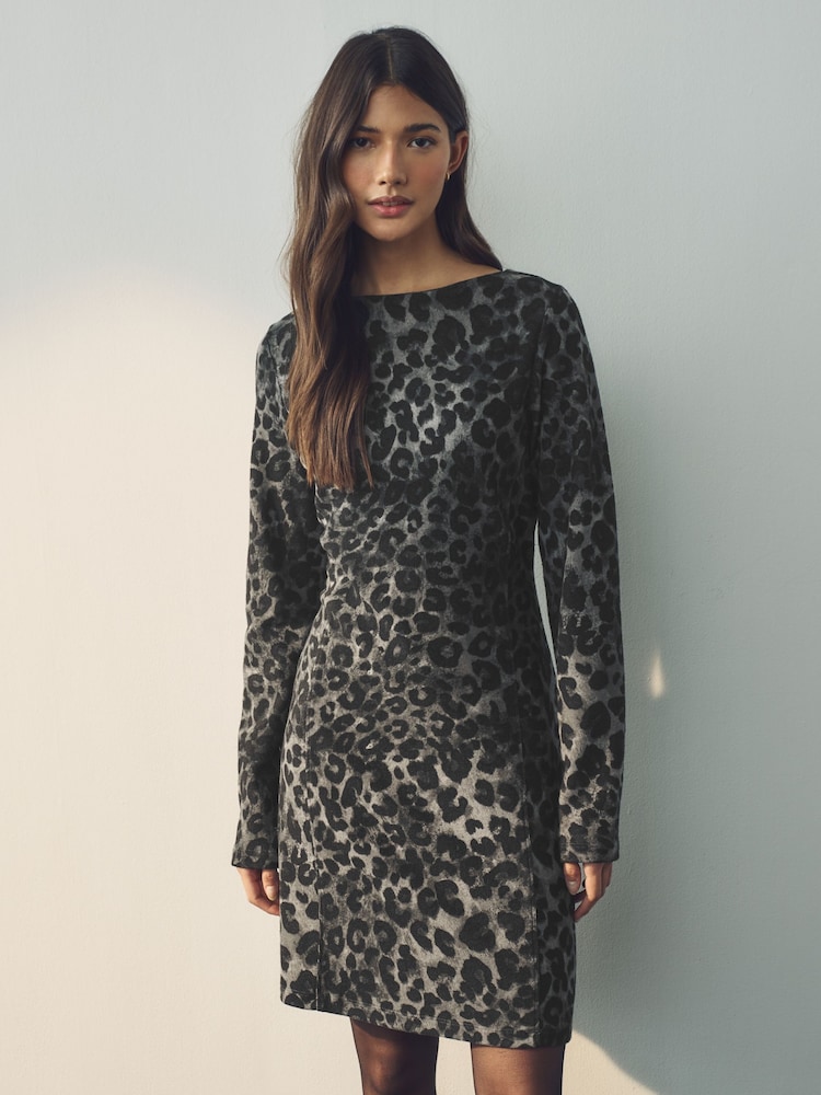 Grey Animal Print Mini Cosy Soft Touch Rib Seam Detail Dress - Image 1 of 4