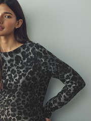 Grey Animal Print Mini Cosy Soft Touch Rib Seam Detail Dress - Image 4 of 4