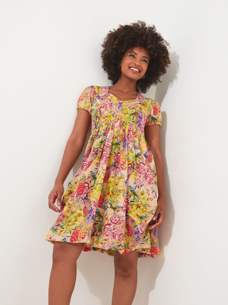 Joe Browns Yellow Vibrant All Over Print Sweetheart Puff Ball Mini Dress - Image 1 of 6