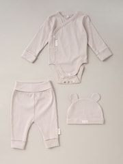 Homegrown Natural 3 Piece Ribbed Bodysuit Joggers And Bear Hat Set - Image 1 of 5