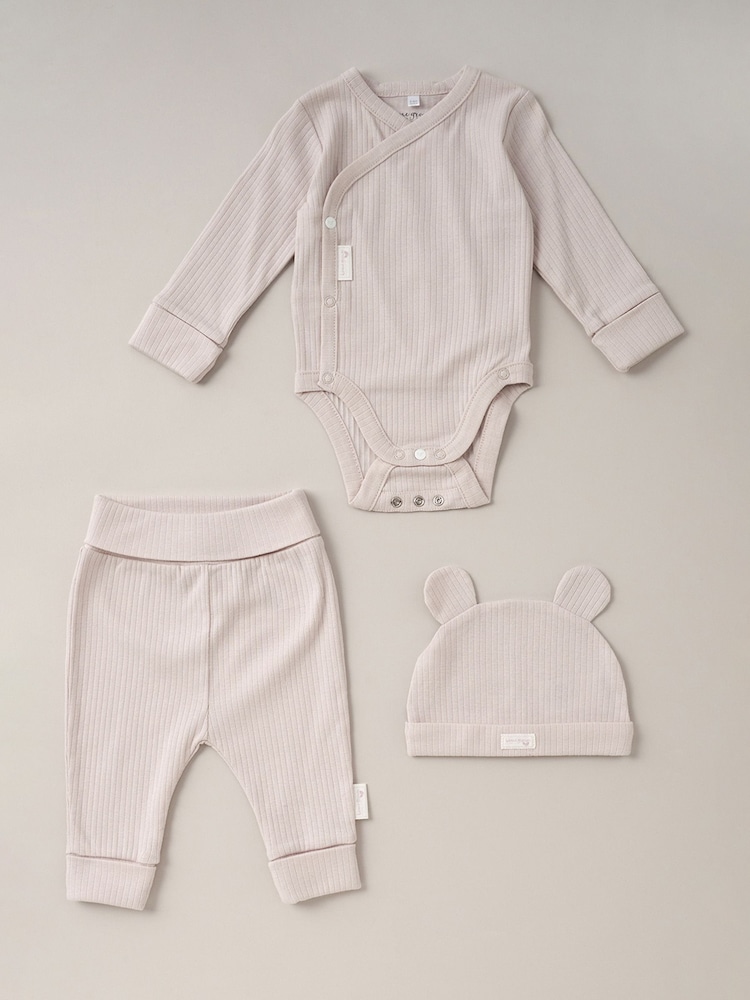 Homegrown Natural 3 Piece Ribbed Bodysuit Joggers And Bear Hat Set - Image 1 of 5