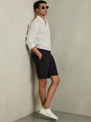 Reiss Navy Ezra Cotton Linen Blend Internal Drawstring Shorts - Image 1 of 5