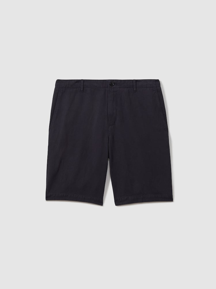 Reiss Navy Ezra Cotton Linen Blend Internal Drawstring Shorts - Image 2 of 5