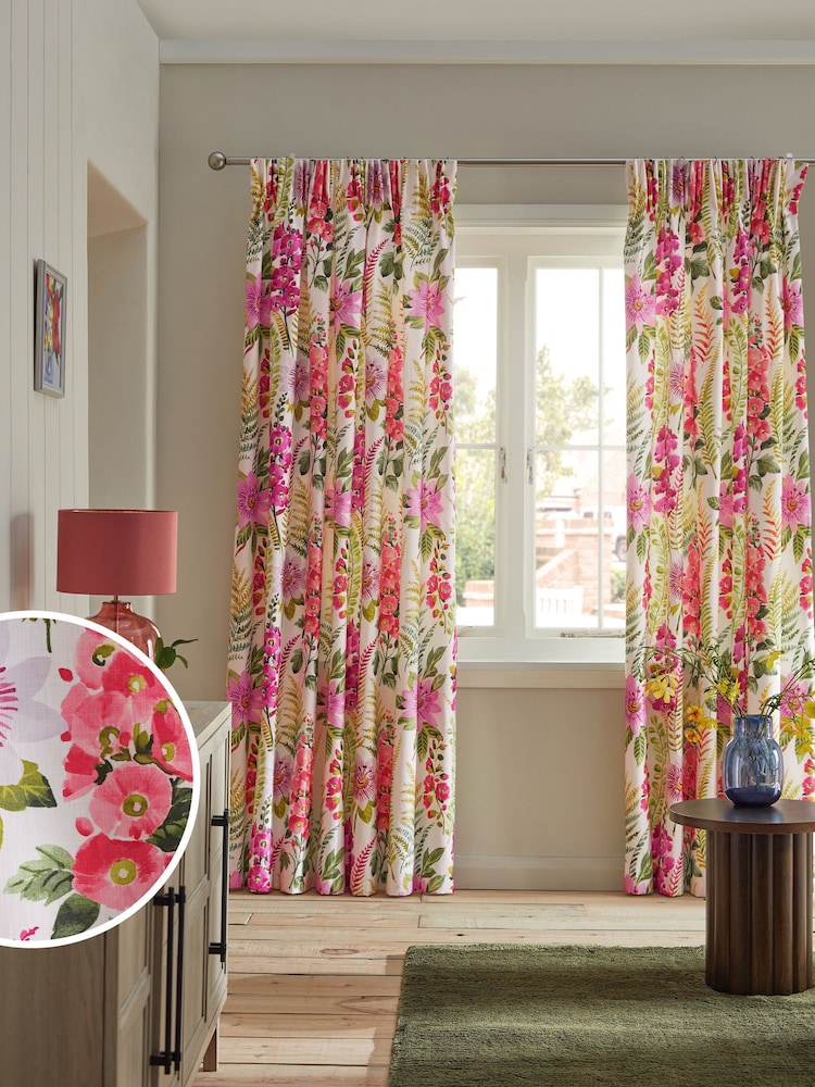 Multi Floral Pink Floral 100% Cotton Pencil Pleat Lined Curtains - Image 1 of 5