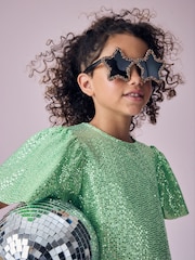 Green Sparkle Angel Sleeve Party Sequin Dress (3-16yrs) - Image 6 of 8