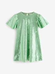 Green Sparkle Angel Sleeve Party Sequin Dress (3-16yrs) - Image 7 of 8