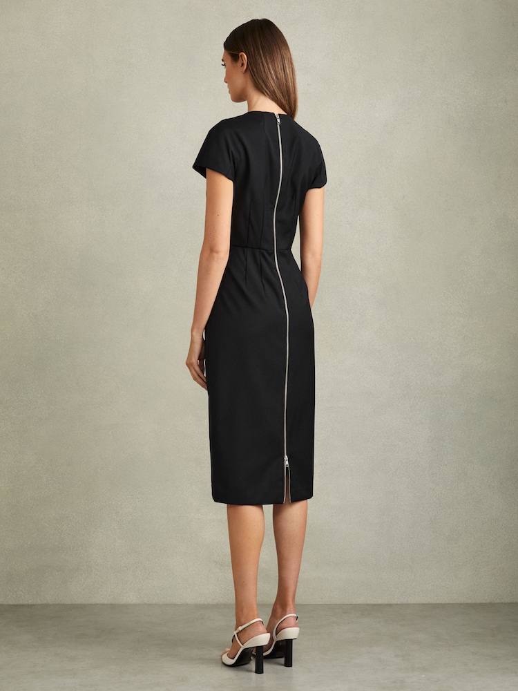 Reiss Black Serena Textured Cap Sleeve Midi Dress - Image 1 of 5