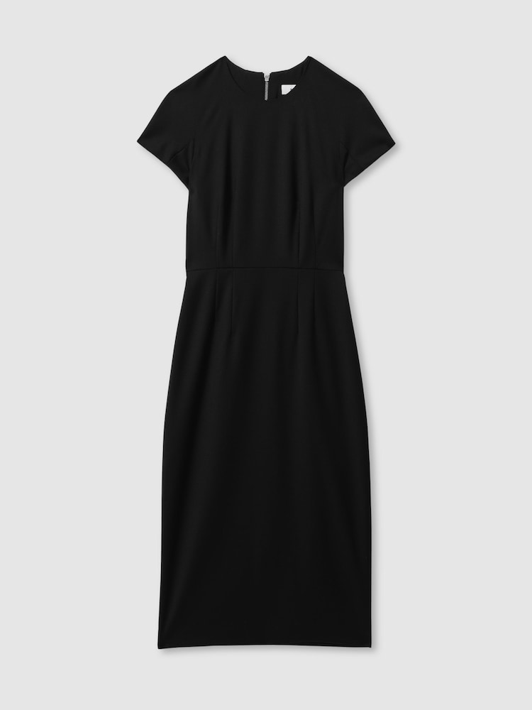 Reiss Black Serena Textured Cap Sleeve Midi Dress - Image 2 of 5
