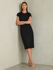 Reiss Black Serena Textured Cap Sleeve Midi Dress - Image 3 of 5